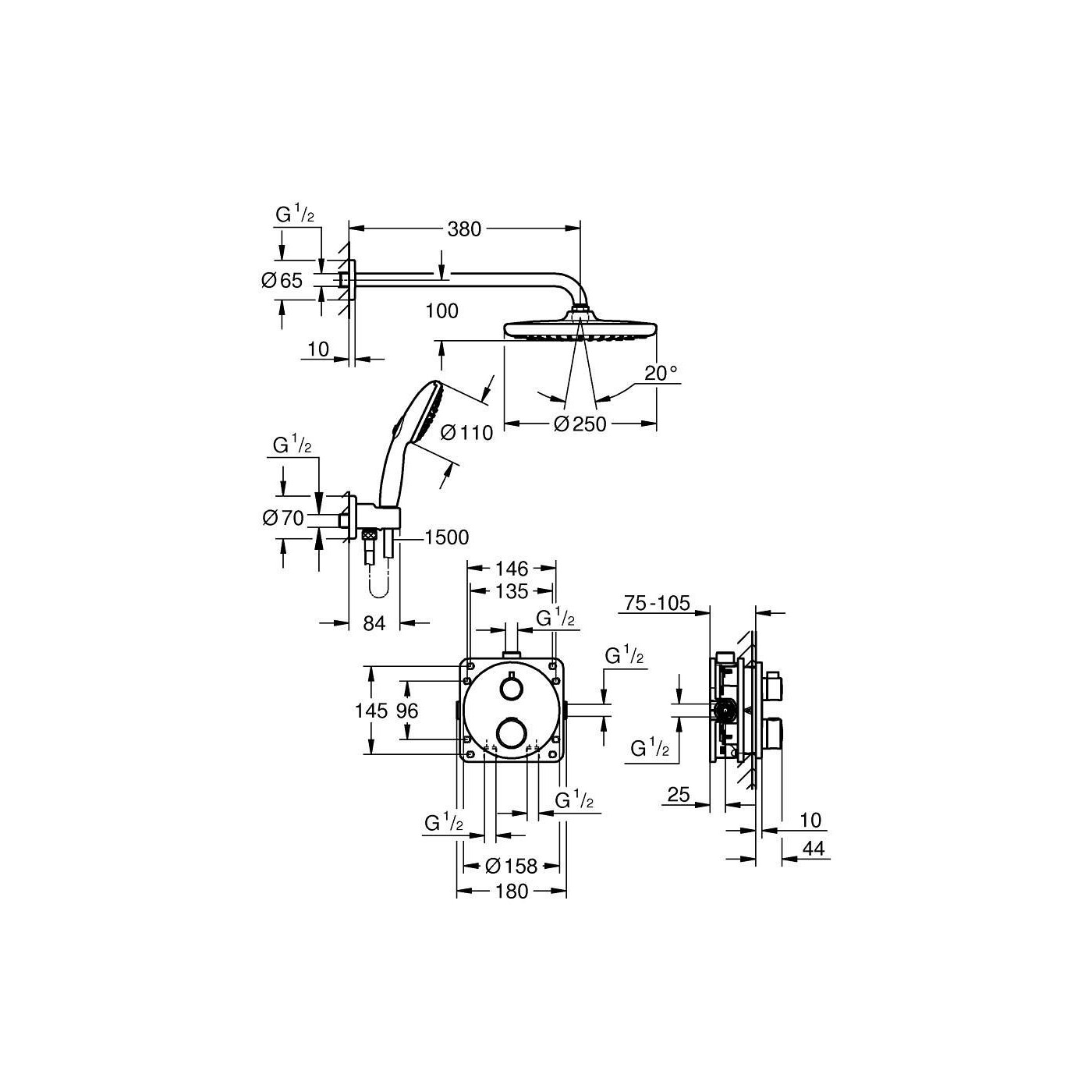 Zestaw Prysznicowy Grohtherm Podtynkowy Z Deszczownicą Tempesta 250 34872000 Grohe