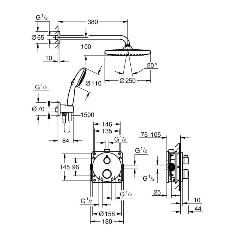 Zestaw Prysznicowy Grohtherm Podtynkowy Z Deszczownicą Tempesta 250 34872000 Grohe